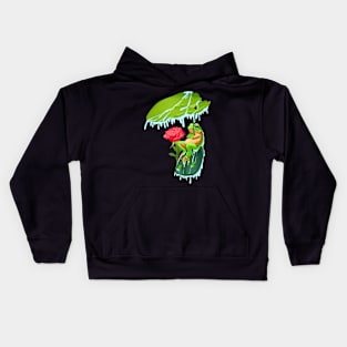 illustration of a green frog holding a leaf Kids Hoodie